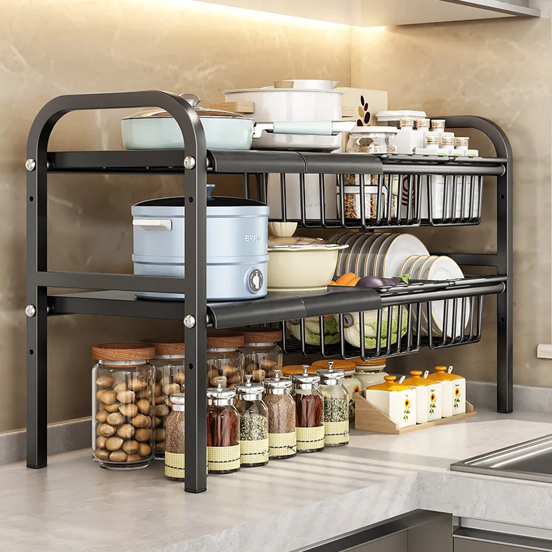 Kitchen Under Sink Adjustable Pot Rack Multifunctional Dish Pans Storage Rack Countertop Basket