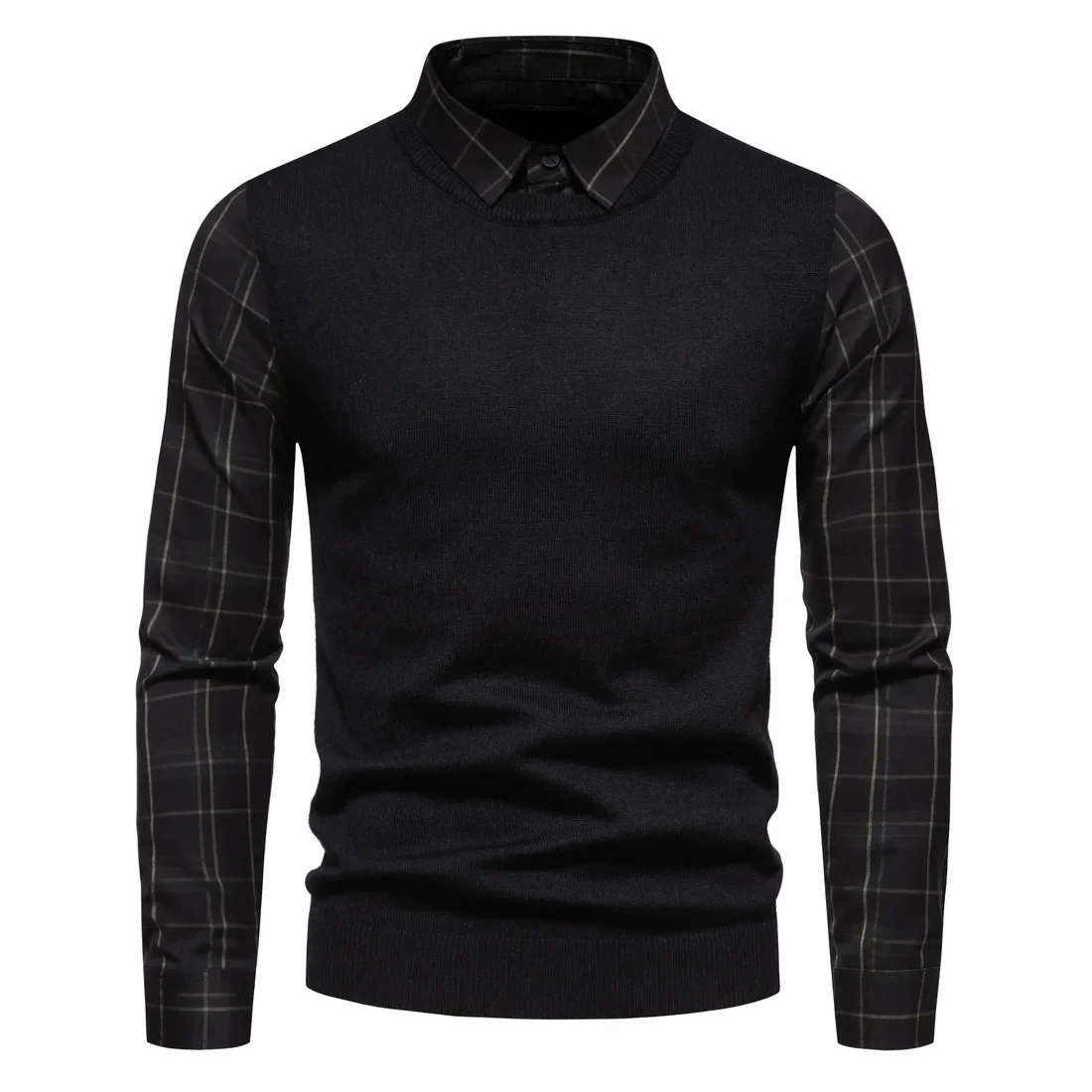 

Autumn and Winter New Knitwear Men's Shirt Collar Splice Fake Two Piece Pullover Sweater Men's Wear