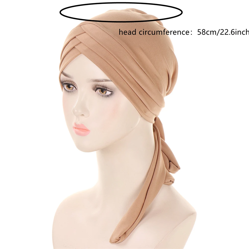 Women Stylish Pre-Tied Turban Chemo Cap Muslim Hijab Inner Cap Beanies Bonnet Long Tail Headscarf Hat Headwrap Caps Accessories