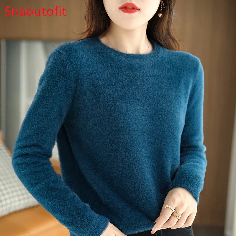 

Round Neck Imitation Mink Cashmere Sweater Women's Pullover Autumn and Winter Warm Top Close-Fitting Soft Base Knitting Sweater