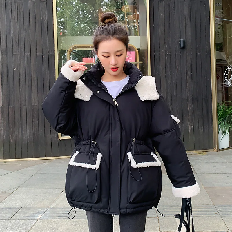 

Lamb's Wool Patchwork Mid-length Parka Winter Women Coat Down Cotton Puffer Jacket Hooded Long Sleeve Pockets Korean Jacket