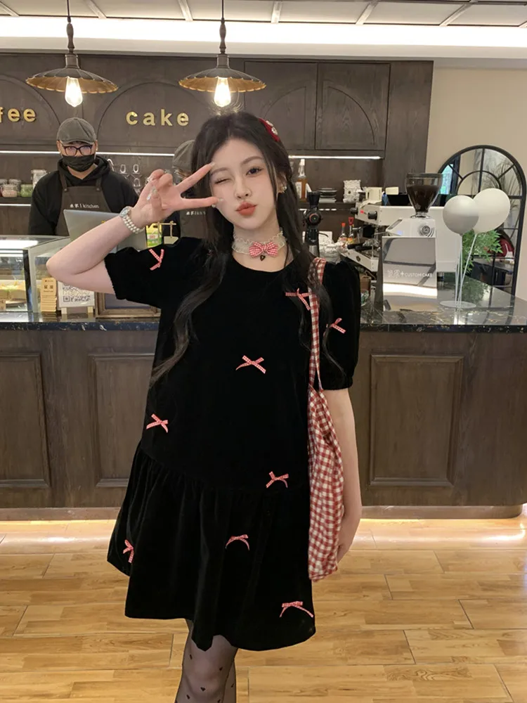 

Dress for Women Summer Collection Waist Black Bow Bubble Sleeve Dress