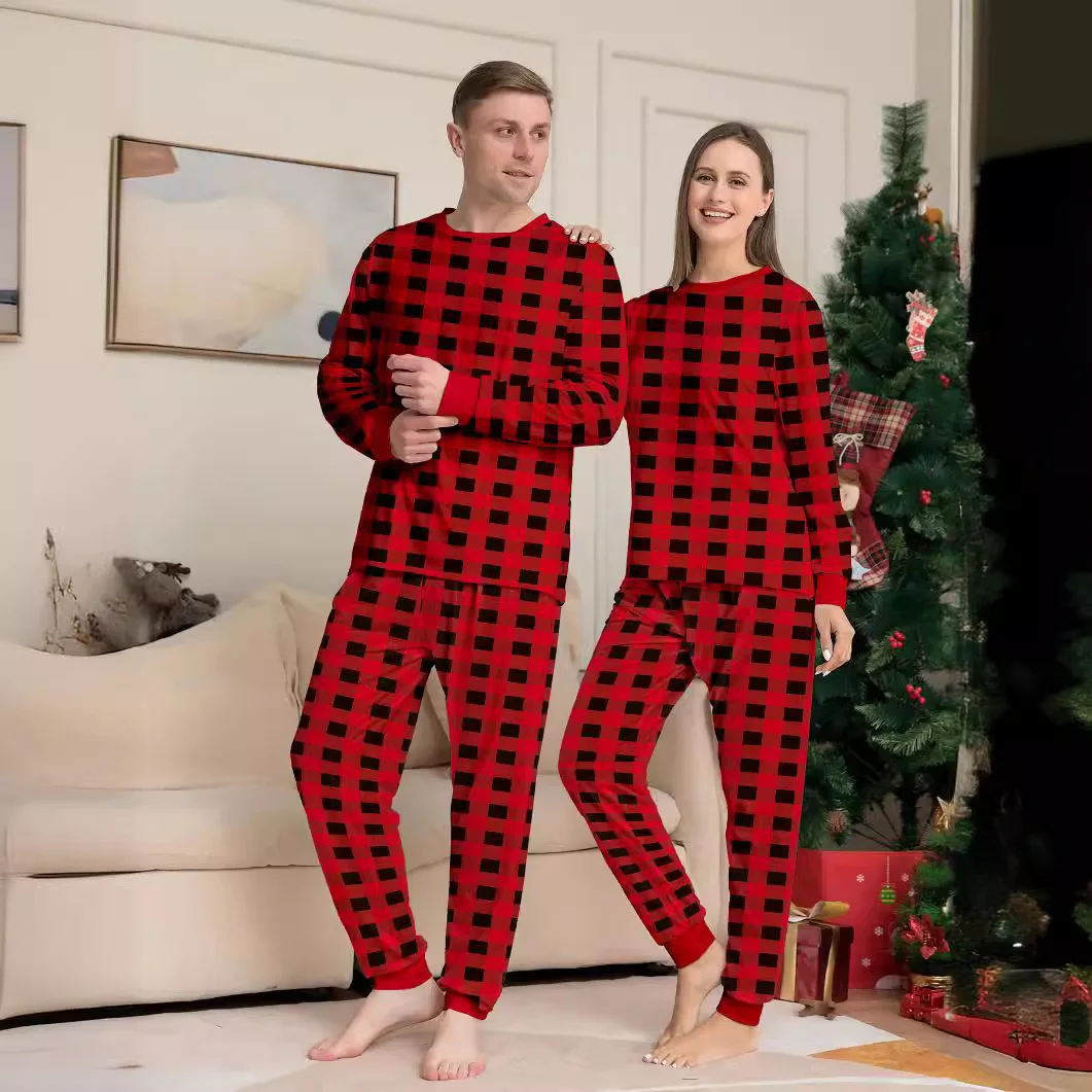 new red and black checked Christmas family clothing cotton printed home dress pajamas 2 sets &3-24 months baby onesie
