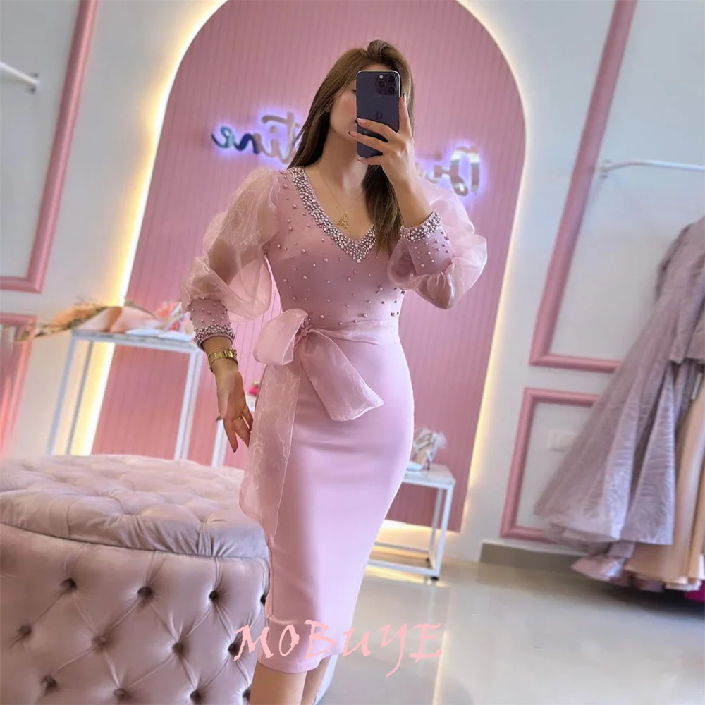 

MOBUYE 2024 Popular V Neckline Prom Dress Tea-Length With Long Sleeves Evening Fashion Elegant Party Dress For Women