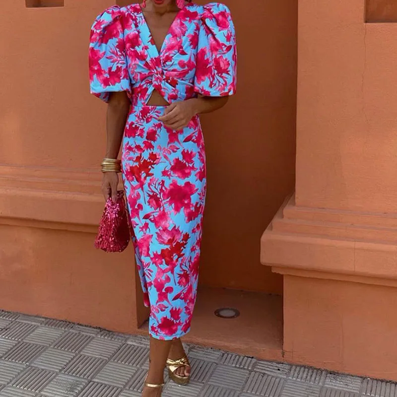 

Women Elegant Deep V-neck Twist Long Dress Fashion Flower Print Waist Slim Party Dress 2024 Sexy Hollow Puff Sleeve Maxi Dresses