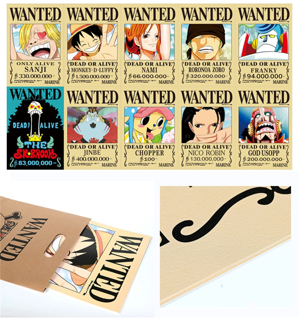 Anime One Piece Wanted Poster Rufy Sanji Nami Robin Jinbe Usoop Brook Franky Chopper Zoro Poster Figure Ragazzi Decorazione Della Stanza