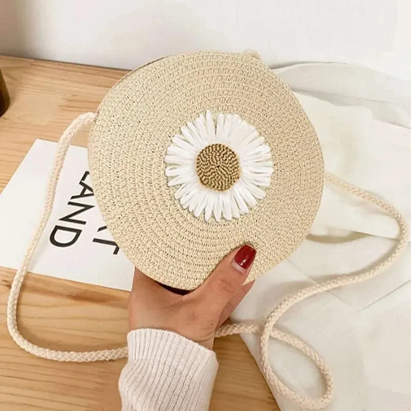Flower Graphic Circle Straw Bag, Vintage Shoulder Beach Bag