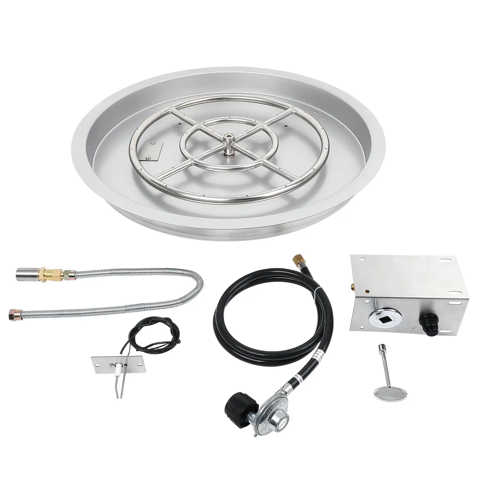 25" Round Stainless Steel Fire Pit Burner, Fire Pit Pan With Spark Ignition Kit, Rated For Up To 150K BTU, For Indoor Or Outdoor
