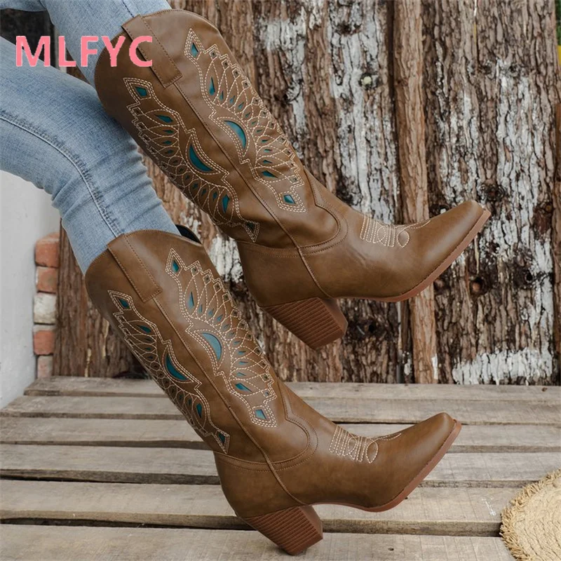 Western Cowboy Boots Embroidered Retro Long Boots Women's 2023 New Women's Thick Heel Mid Sleeve V-Neck Knight Boots