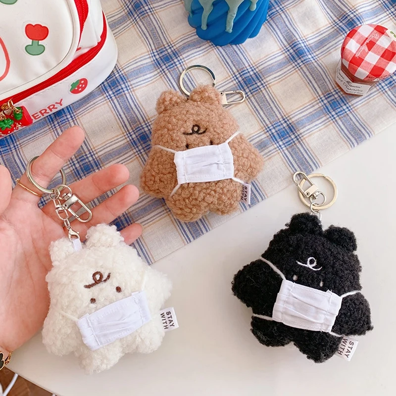 Plush Frustrated Mask Bear Plush Keychain Student Bag Pendant Car Key Ring Girl Stuffed Toy Decoration Accessories Gift