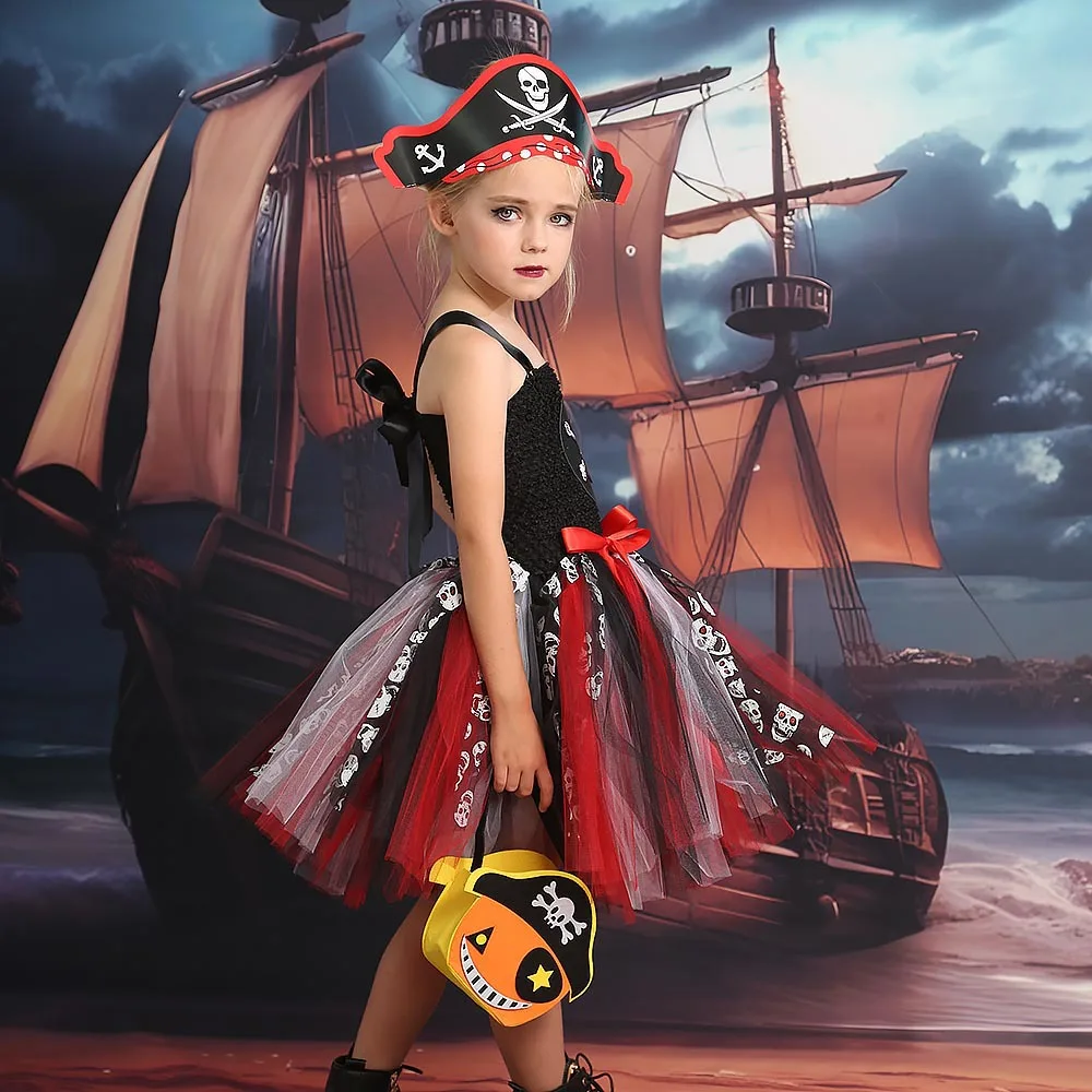 Costume da pirata Cosplay per bambini gonna ragazza costumi di Halloween  bambini maglia Tutu vestito zucca Tote cappello da pirata Blinkers Eye-Pat  - AliExpress