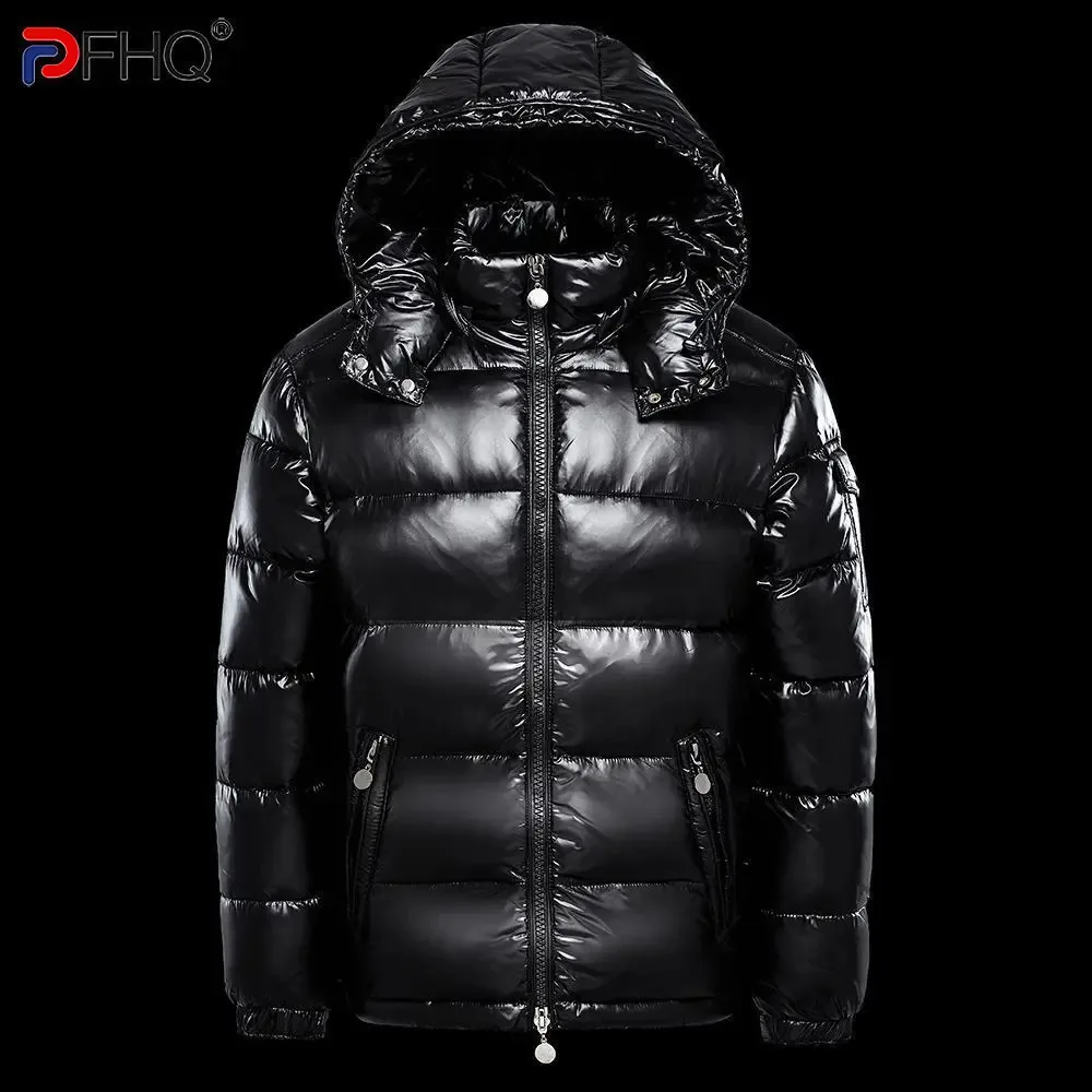 Down jacket Puffer jacket Cotton jacket PFHQ Down Cotton Jacket Glossy Surface Men's Hooded Thick Bread Coat Solid Color Warm Long Sleeve Male Tops 21Z7542
