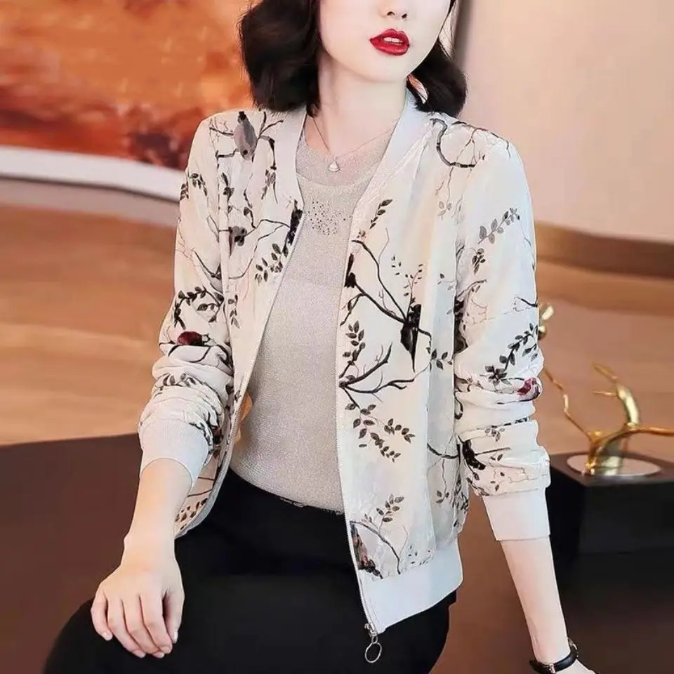 M-5XL Women Jackets Beige Velvet Flowers birds Print Zipper Spring Autumn Thin Coat Printed Tops Female Clothing Cheap Outwear