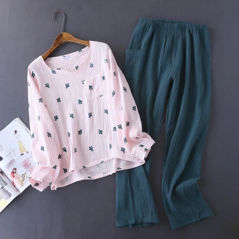 Women's Cotton Pyjamas Water-washed Crepe Yarn Short-sleeved Long Pants Sleepwear Home Suit 2-piece Set women pajamas set cotton pajamas set