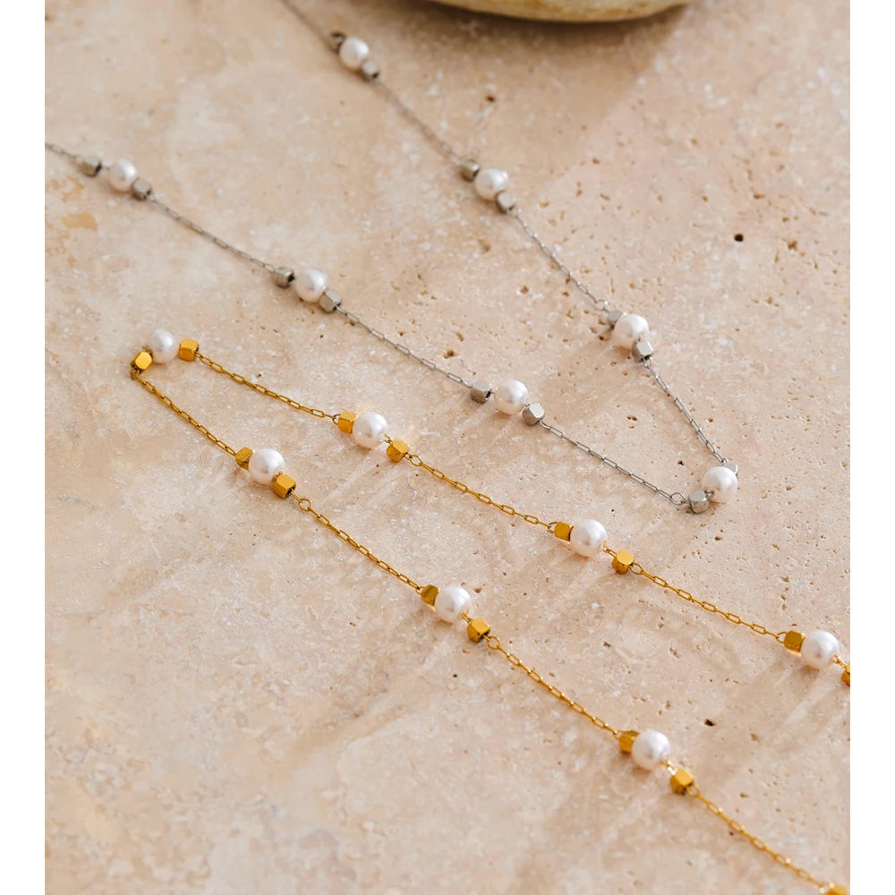 Yhpup Waterproof Stainless Steel Simulated Pearls Square Thin Chain Necklace