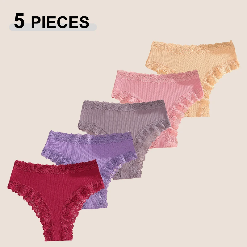 5Pcs/Set Seamless Cotton Bikini Panties Sexy Patchwork Lace Floral Underwear High Waist Brazilian Pants Female Soft Lingerie New