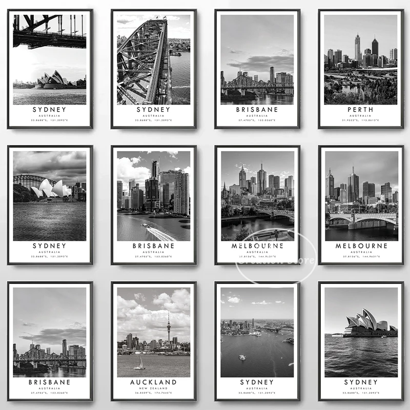 Australia Oceania Retro Travel Poster Sydney Melbourne Auckland Urban Landmark Building Print Black White Picture Home Decor