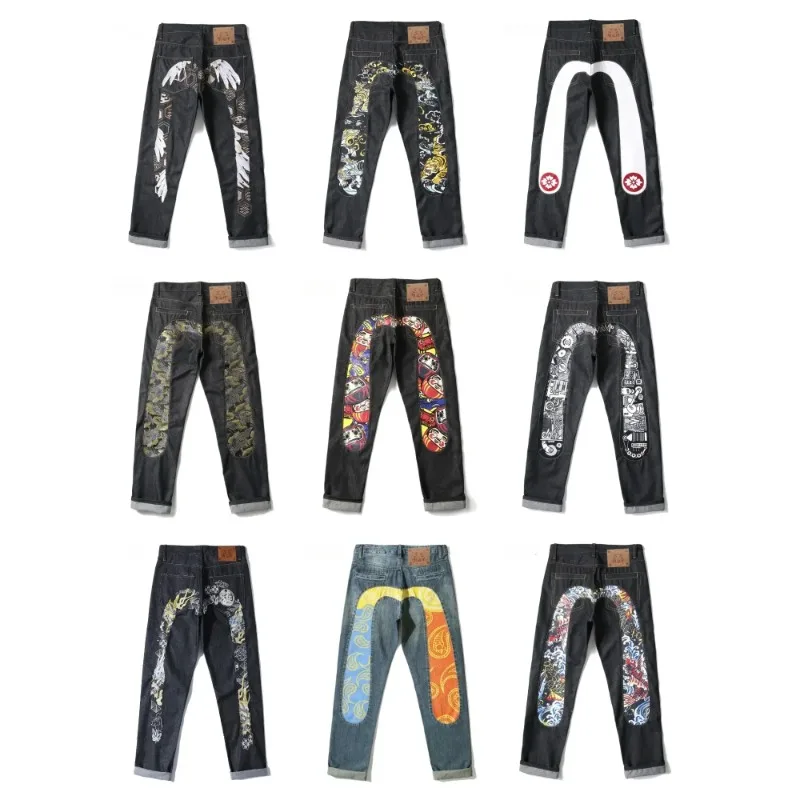 

New Japanese Hipster Retro Hip-hop Fashion Print Jeans High Street Leisure Slim Straight Embroidery Y2k Print Stitching Trousers