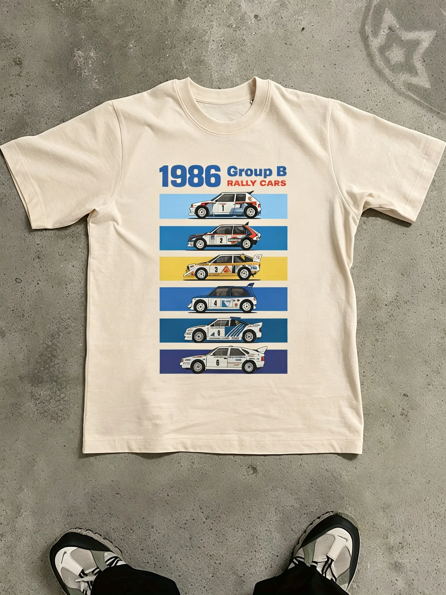 Herren Retro 1986 Group B Rally Print T-Shirt 100% Baumwolle Vintage Racing Design Rundhals Regular Fit Lässiges Kurzarm-Oberteil