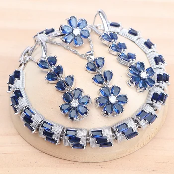 Women 925 Silver Bridal Jewelry Sets Blue Cubic Zirconia Wedding Earrings Rings Bracelets Pendant Necklace Set 1