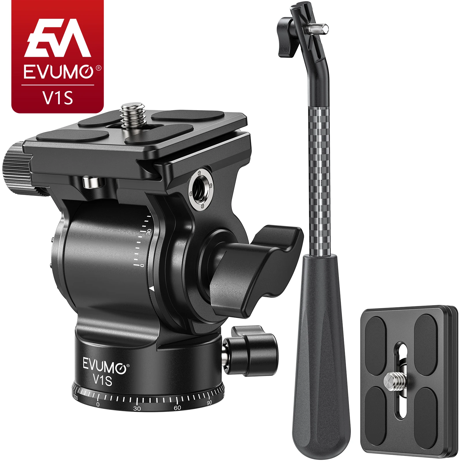 EVUMO V1S Mini Video Head Carbon Fiber Handle Hydraulic Tripod Head Arca Swiss Quick Release Plate for DSLR Camera 3kg Max Load