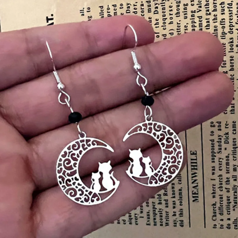 Acrylic Black Cat On The Moon Dangle Earrings - Cute Animal Star Earrings For Women & Girls