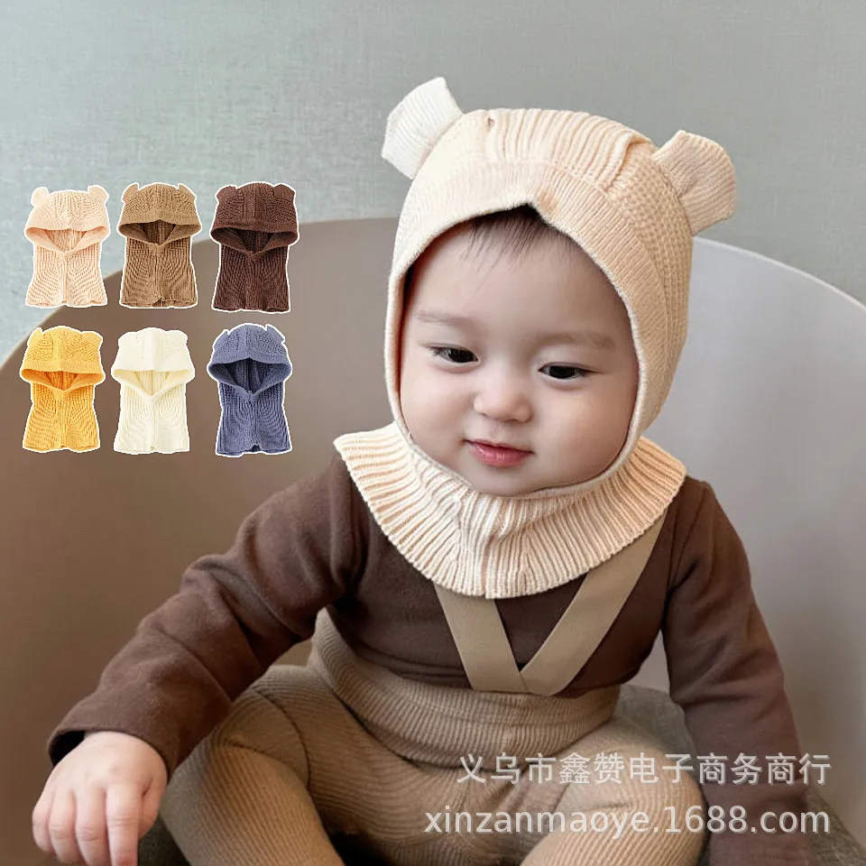 

47-51cm Cute Baby Bucket Hat Scarf all-in-one Knitted Hat Winter children's Outing Wear Shawl Warm Windproof Cap Free Shipping