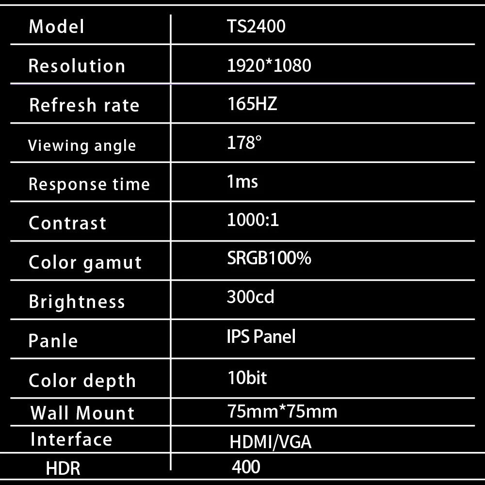 TIANSU ǻ  ȭ PC ũž IPS FHD 1080P 144hz ÷ LCD , PC ̸ 1ms HDMI DP VGA 1MS 16:9, 165hz 24 ġ