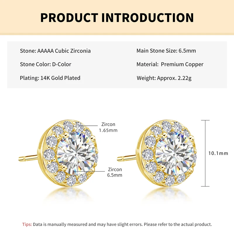 Rrjzz 1CT Ohrstecker für Damen, S925-Sterlingsilber, vergoldet, CZ, simulierter Diamant-Ohrring, Halo-Ohrstecker, Hochzeit, edler Schmuck – Detail 1