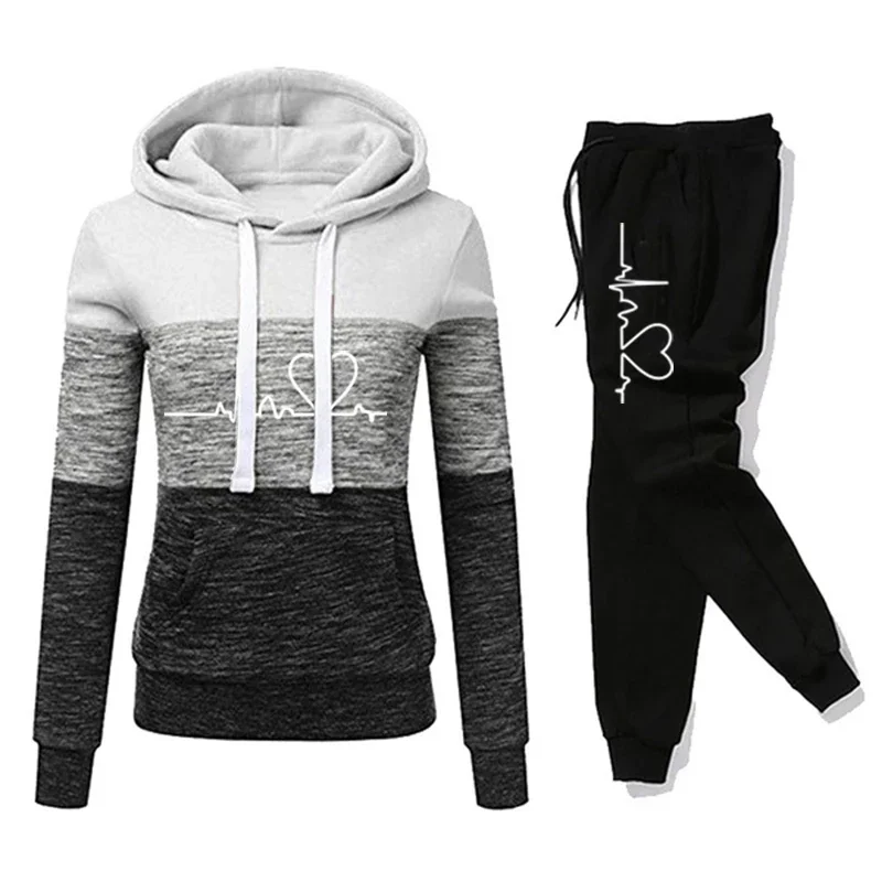 Women Tracksuit Printing Hooded Sweatshirt Sweatpant Color Block Versatile Casual Jogging Pullovers Sport Trousers Outfits S-3XL 2