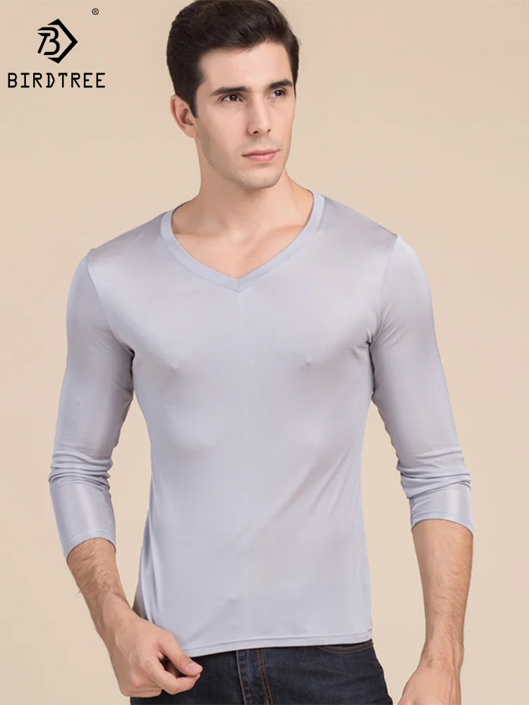 

Birdtree Men Basic T Shirt Natural Silk V Neck Solid Long Sleeve Top Mens Tees White Black Grey 2023 New Spring Summer T37202QM