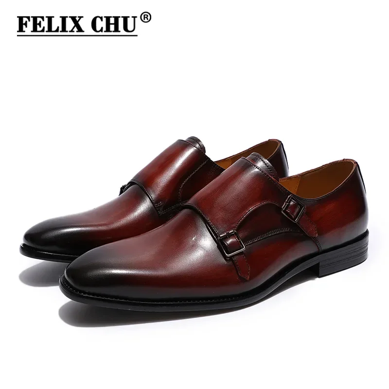 Handmade Genuine Leather Men's Oxfords Plain Toe Double Buckle Monk Strap Formal Classic Dress Shoes Size 6-13
