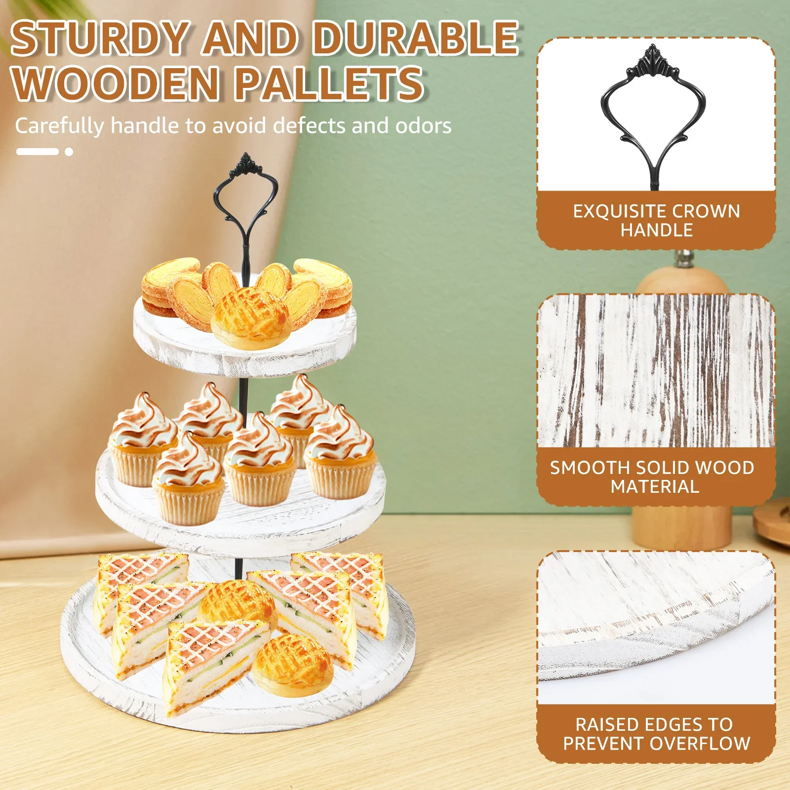 3 Layer Wood Cake Display Cupcake Tray for Stand Snack Dessert Wedding Party Table Birthday Round Tiered Dessert Serving Tray 3