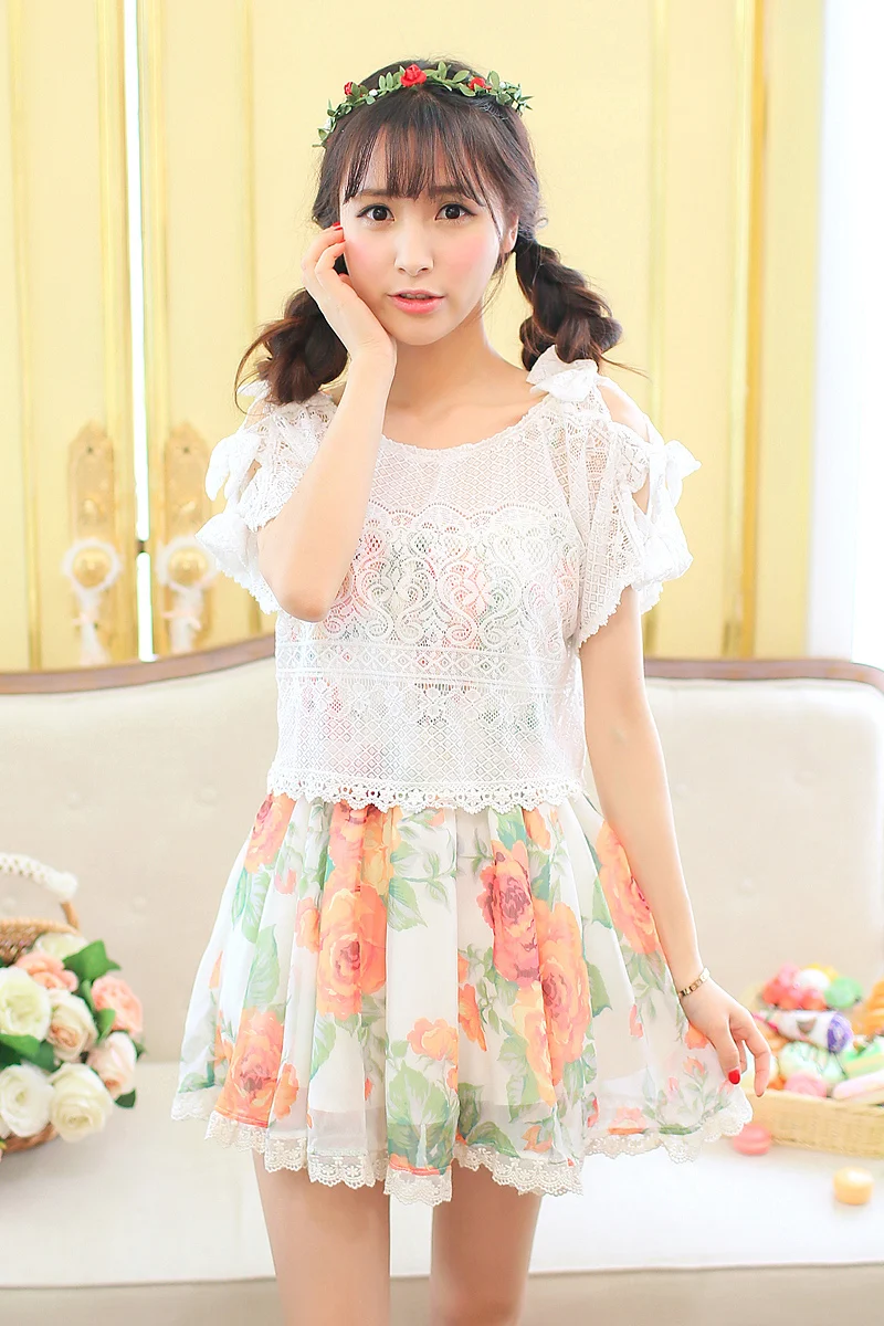 SALES Summer Whole Lace Hollow Out Bows Short Sleeve Blouse White Shirt