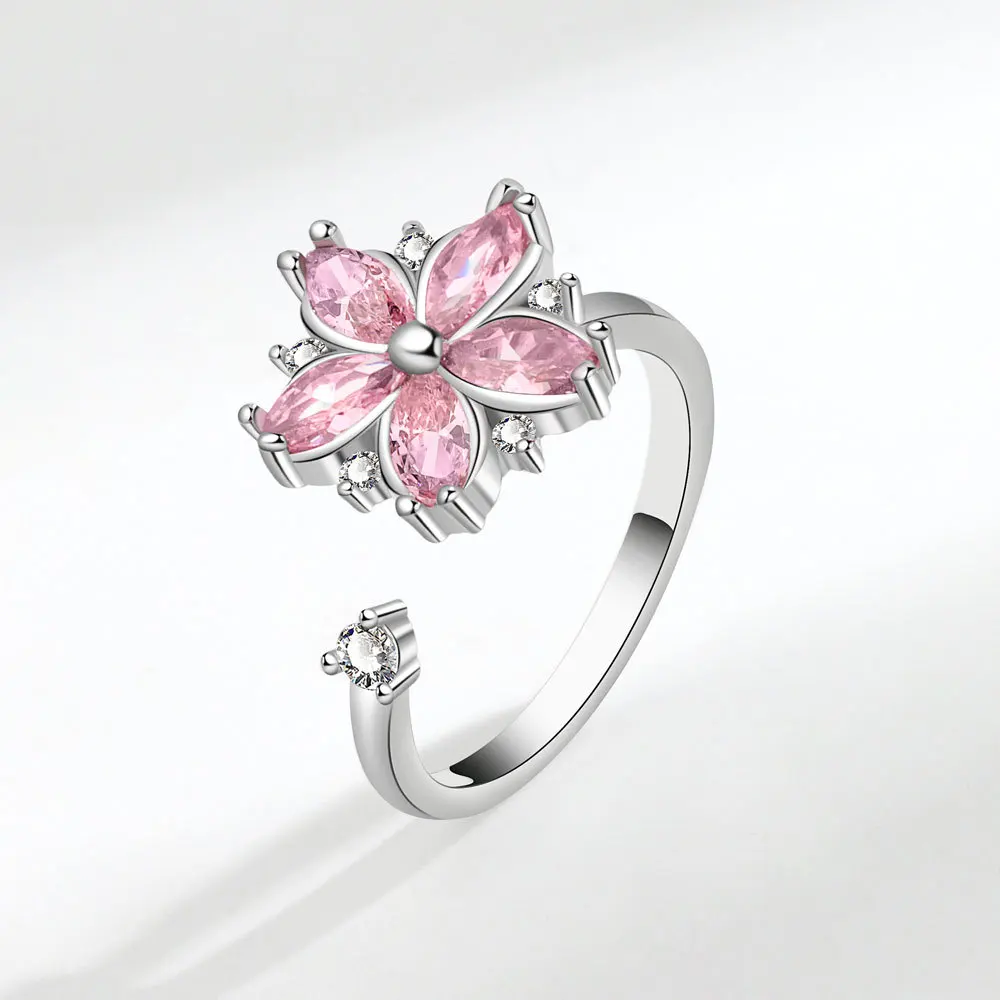 925 Sterling Silver Crystal Pink Flower Finger Ring for Women Spin Ring