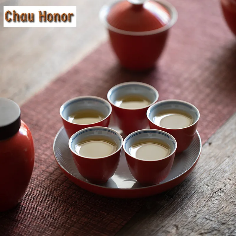 2pc/Set Coral Red Glaze Ceramic Tea Cup Household Single Teacup Personal Master Cup Small Guest Cup Kung Fu Puer Tea Ceremony