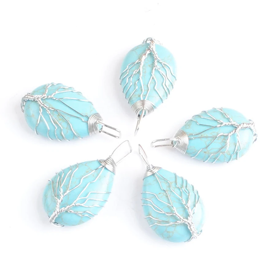 

5Pcs Water Drop Turquoise Stone Tree of Family Pendants Wire Wrap Charms Energy Healing Jewelry AN4204