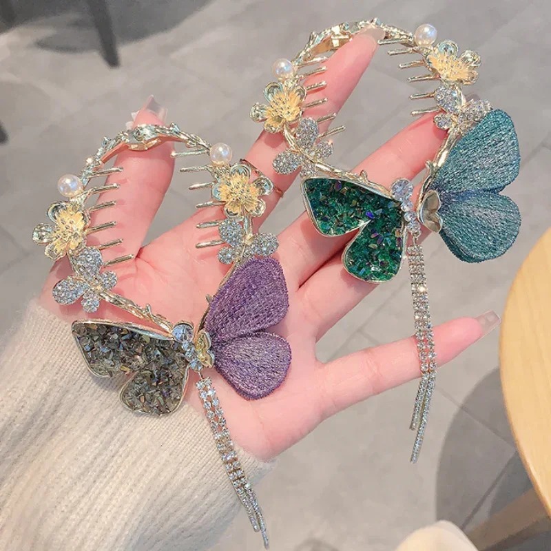 

2023 Summer New Butterfly Pearl Tassel Haripin Head Ponytail Holder Buckle Hair Clip Charm Headwear Hair Accessories for Women