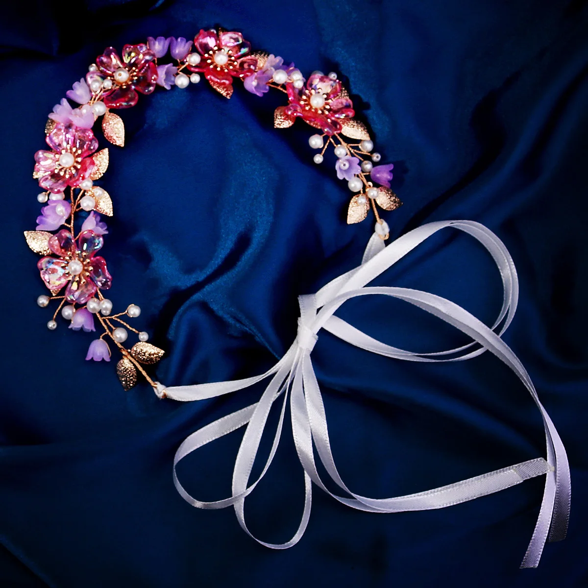 Rosa süße zarte Blumen Metallic Blatt Damen Haarbänder Luxus Perlen Perlen Stirnband Party Performance Haarschmuck – Detail 7