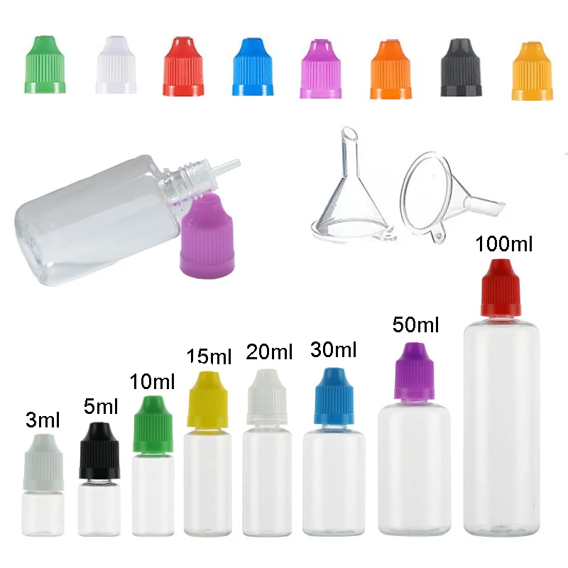 

200Pcs PET Dropper Bottle 3ML 5ML 10ML 15ML 20ML 30ML 50ML100ML Empty E Liquid Eye Drops Vial With Long Thin Tip Cap And Funnel