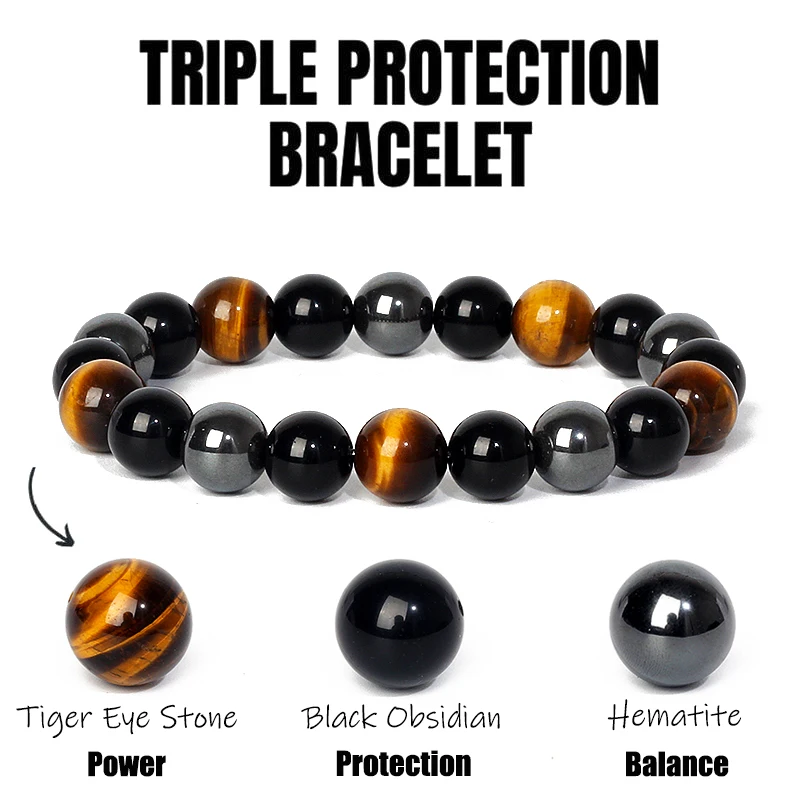 Natural Triple Protection Health Bracelets Women Black Obsidian Hematite Tiger Eye Beads Bracelets Men for Magnetic Soul Jewelry