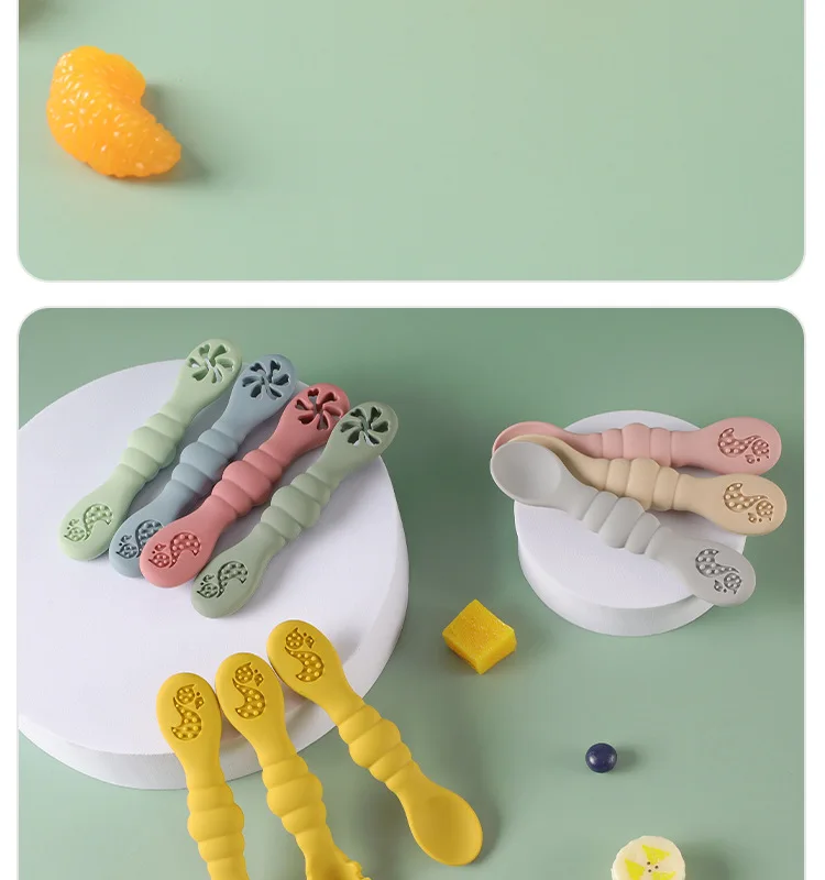 Description Picture 5 of item3PCS Kawaii Baby Learning Spoons Utensils Set Toddler Feeding Tableware Baby Silicone Teether Toys Training Cutlery Baby Stuff