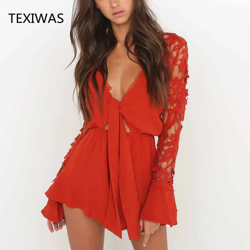 

TEXIWAS Streetwear Hot Lace Crochet Romper Sexy Deep V Neck Bow Tie hollow out Playsuit Ruffles Shorts Overalls Women Jumpsuit