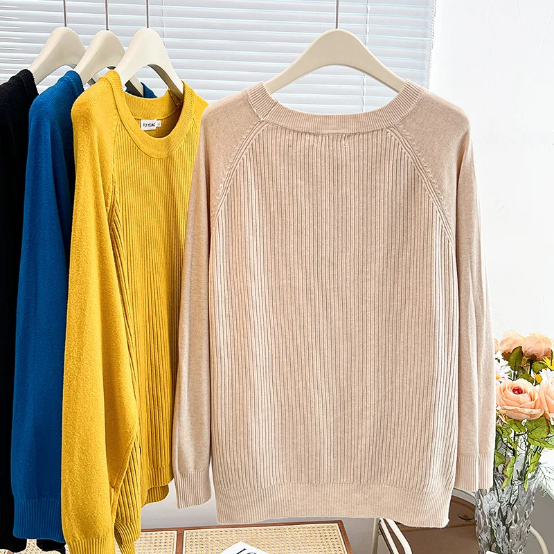 Women's Simple Label Hem Slit Knit Sweater, Casual Clothing, Long Sleeve Jumpers, Knitted Pullovers, Plus Size, Autumn, Winter