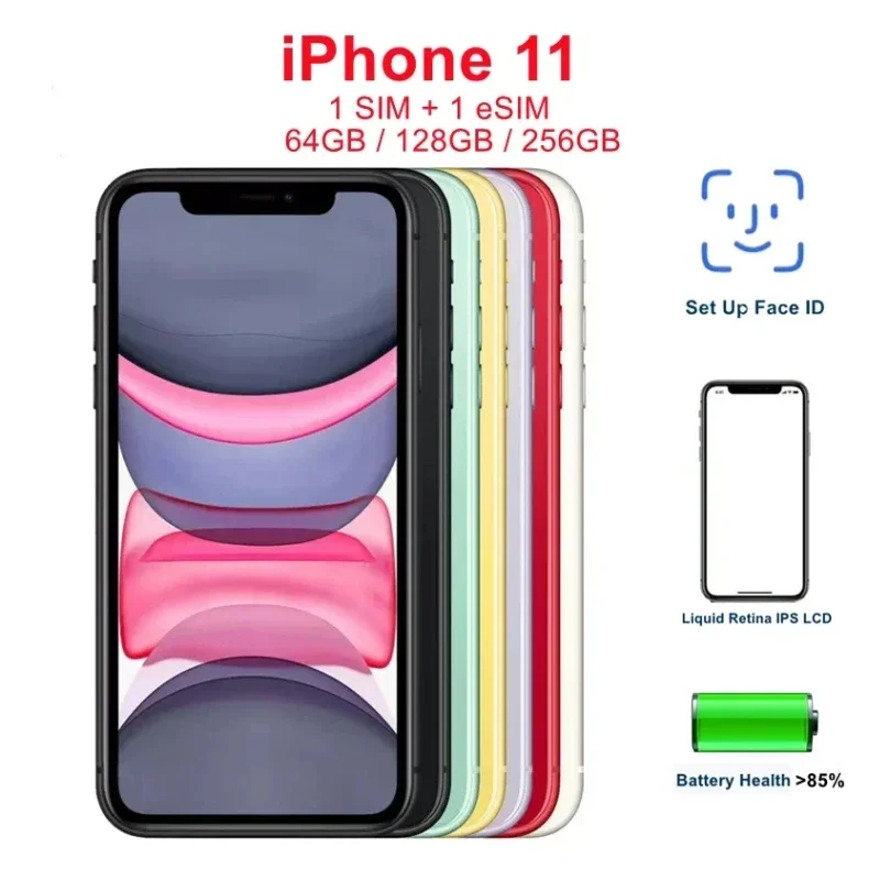 Apple-iPhone 11 Unlocked Mobile Phone, Original Liquid Retina IPS LCD, Face ID A13, 4G LTE, 6.1 ", 128GB, 64GB