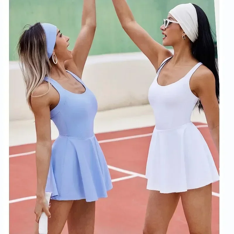 Women Tennis Dress One-Pieces Slim Fit Soft Sports Sets Golf Badminton Skorts Back Cross Tracksuits With Chest Pads Yoga Suits