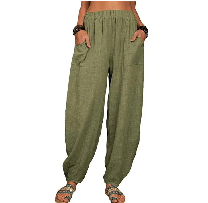 Casual Women Harem Pants Summer Female Cotton Linen Loose Wide Leg Long Pants Homewear - 3
