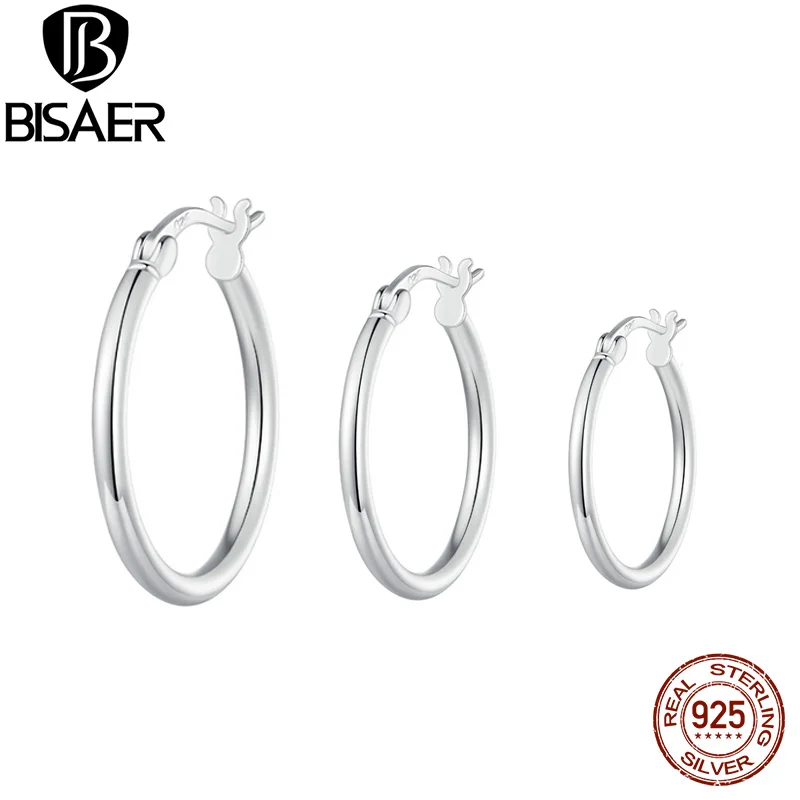 

BISAER 100% 925 Sterling Silver Simple Round Hoop Plain Earrings Plated Platinum Ear Clip For Women Party Original Fine Jewelry