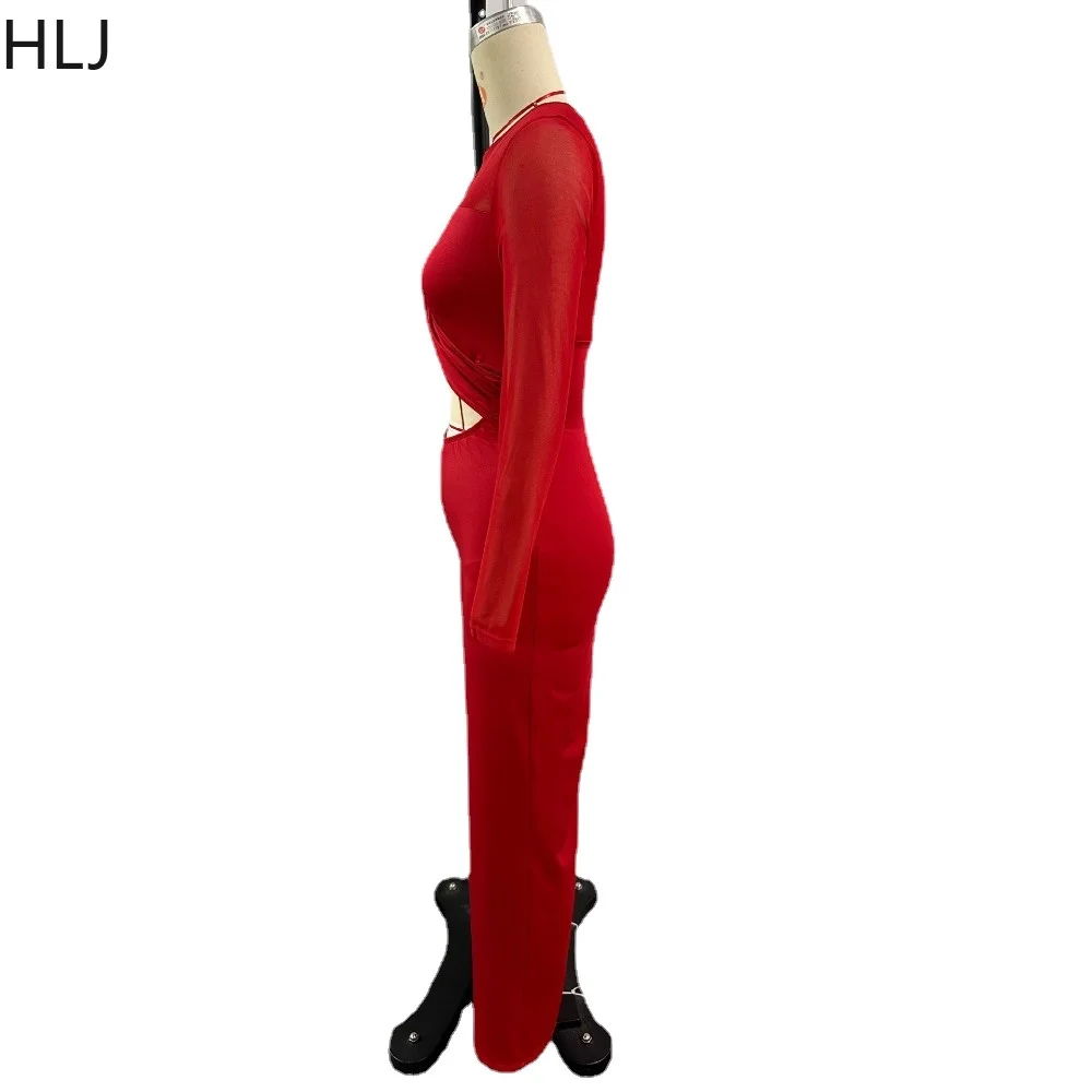 HLJ Red Spring New Patchwork Hollow Jumpsuits Women Round Neck Long Sleeve Wide Leg Pants One Piece Playsuits Casual Overalls