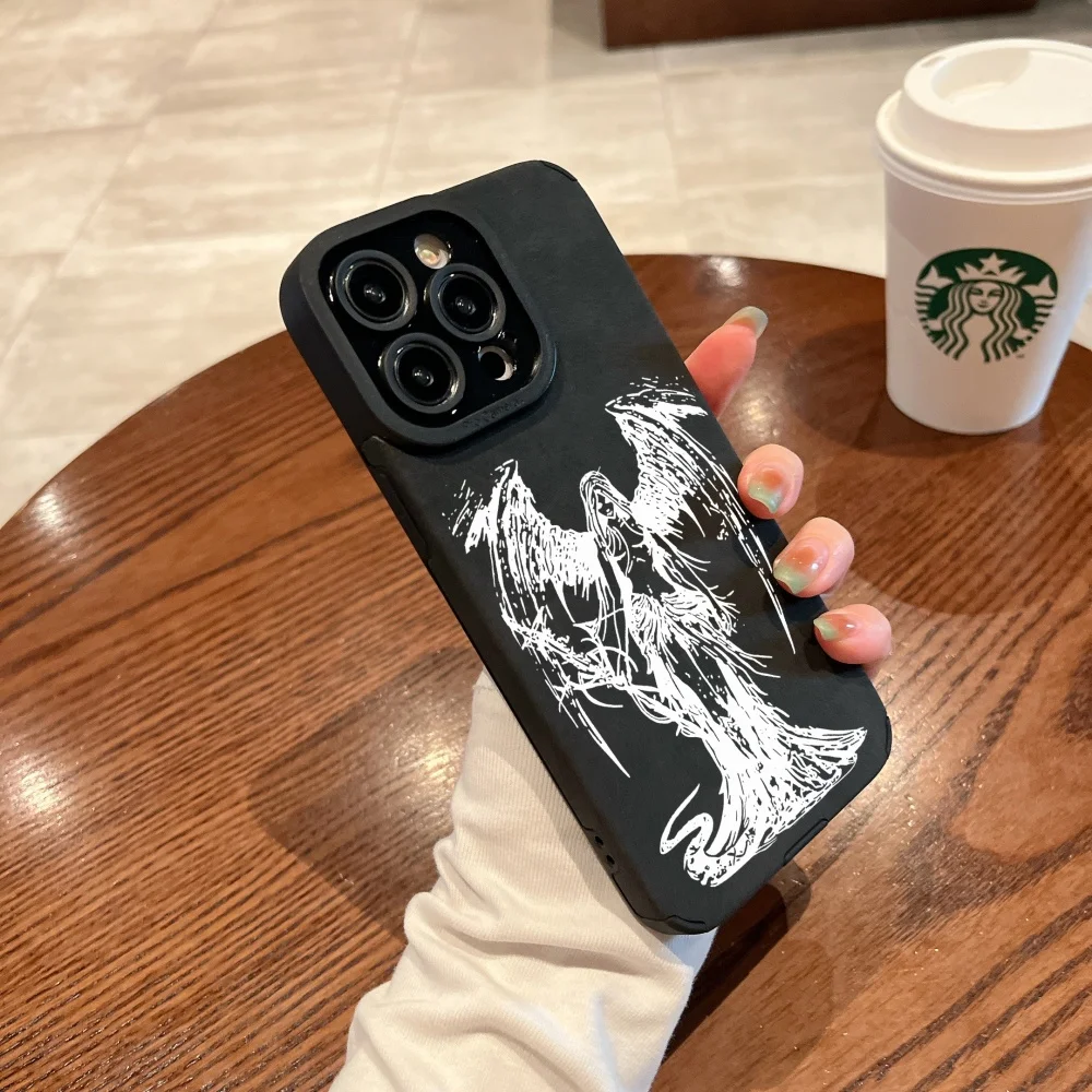 Elegant Black Angel Demon Suede Leather Silicone Phone Case - Luxury Soft Cover